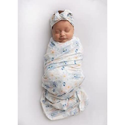 Vollmic Newborn Baby Girl Receiving Blanket Swaddle Blanket Stretchy Knit Swaddle Set with Matching Headband (Yellow)