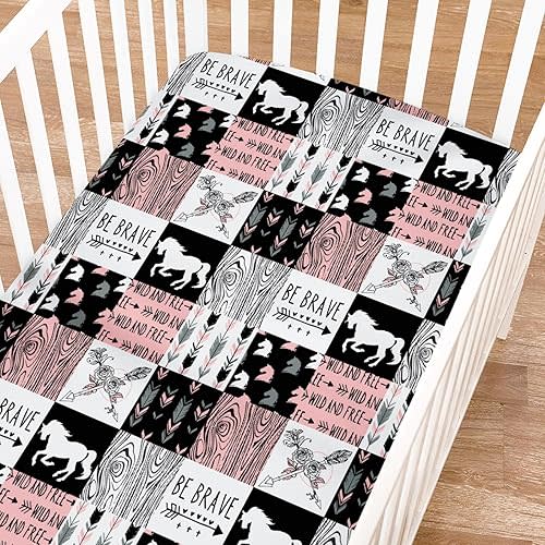 Vintage Country Horse Arrows Fitted Baby Crib Sheet for Girl Boy 52"x28" Rustic Cowboy Horses Soft Breathable Stretchy Crib Mattress Cover Baby Bed Sheets for Standard Crib and Toddler Mattress Pink