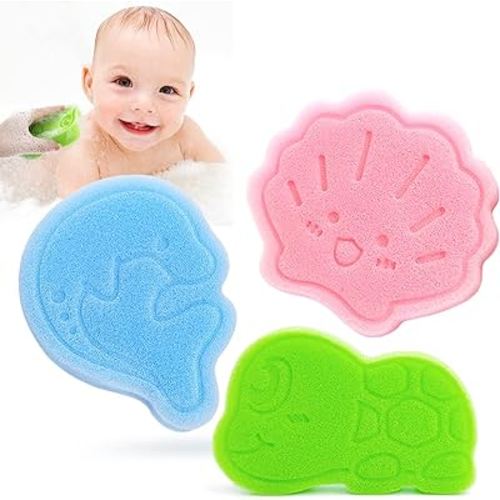 Baby Bath Sponge, Natural Cute Shapes Soft Shower Sponges for Bathing, Bathtub Foam for Infants and Toddler, 3pcs : Blue Dolphin, Pink Shell, Green Turtle