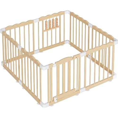 Wooden Baby Playpen,48"x48"x24" Foldable Play Yard with Built-in Toys,8 Panel Baby Fence Lockable Door, for Babies and Toddlers ,CPC Certified