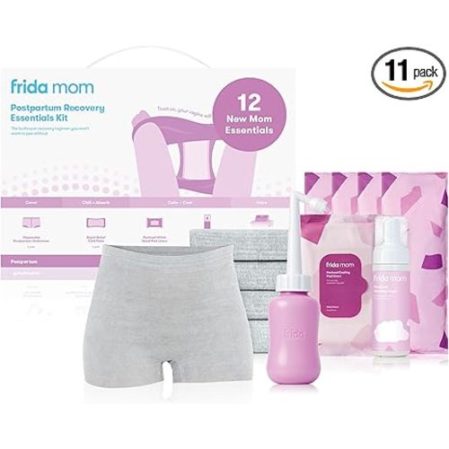 Frida Mom 11pc Postpartum Essentials Kit Gift Set, Hospital Bag Must Haves for New Mom, Includes 4 Disposable Postpartum Underwear, 4 Ice Maxi Pads, Perineal Healing Foam & 24 Pad Liners & Peri Bottle