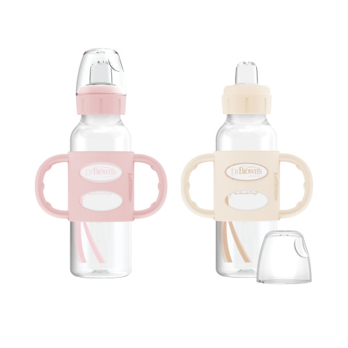 Dr. Brown's Milestones Narrow Sippy Bottle, 100% Silicone Handle/Spout, 8oz/250ml, 6m+, Light Pink/Ecru, 2 Pack