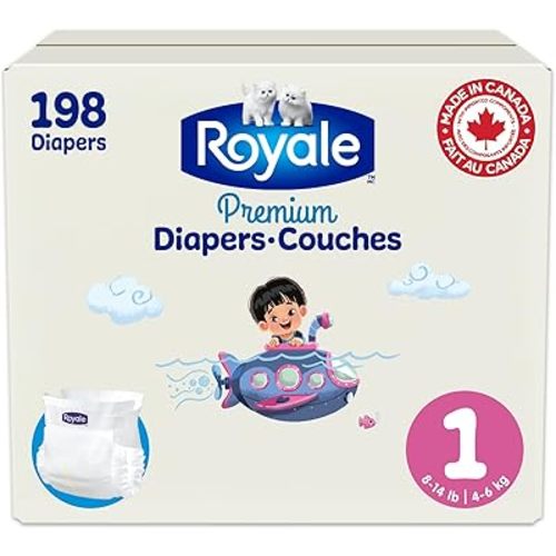 Royale Premium Diapers, Size 1 (8-14 lb), 198 Count, Disposable Baby Diapers (Packaging may vary)