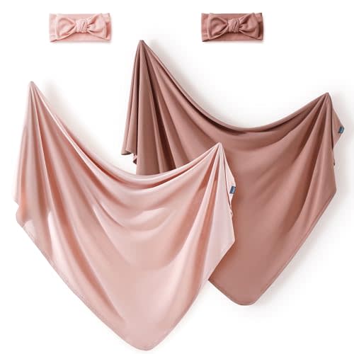 GRSSDER Newborn Swaddle Blanket Set for Girls (2 Blankets & 2 Bow Headbands), Ultra Soft Stretchy Jersey Knit Extra Large Size 33 x 44 Receiving Blankets for Easy Swaddling Baby Snug and Cozy