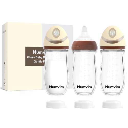 Numvim Natural Glass Baby Bottles Set, Gentle Medium Flow, Anti Colic Bottles for 3 + Months Breastfed Babies, 3 Packs (Brown, 8oz)