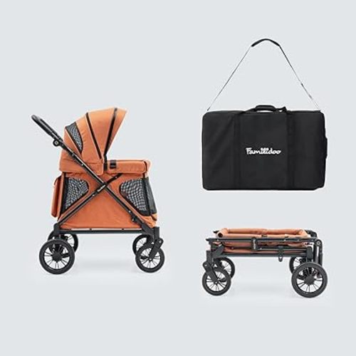 Familidoo Q1 Multi-Use Kids Wagon Stroller with Travel Bag – Foldable, Lightweight, All-Terrain for Kids & Pets – 5-Point Harness, Rain Cover, Compact Travel Design, Up to 132 lbs (Burnt Orange)