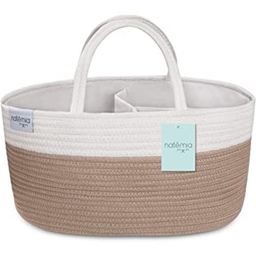 Natemia Rope Diaper Caddy Organizer│Large Portable Nursery Storage Bin and Car Travel Organizer│Tote Bag with Dividers for Diapers & Wipes
