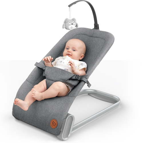 BabyBond Baby Bouncer for Infants, Grey, with Vibrations, Safety Harness, Sturdy Base