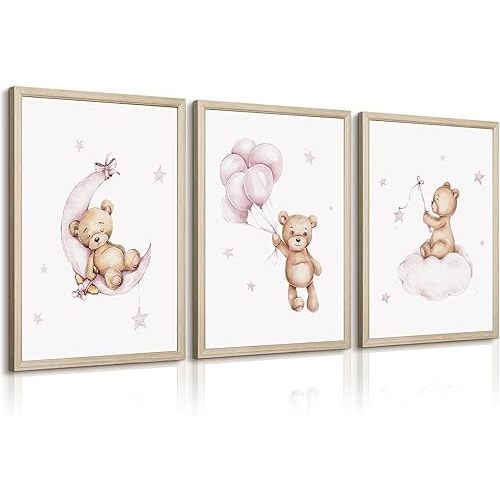 Bear Nursery Wall Art Decor Teddy Bear Wall Art Baby Girl Canvas Wall Decor Pink Pictures Balloon Nursery Children Prints Artwork Moon Star Cloud Art for Boys Room Bedroom 12x16x3 Inch Wood Framed