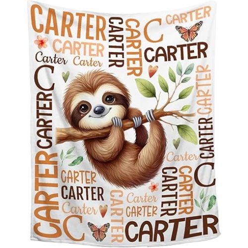 Custom Name Sloth Personalized Baby Blanket, Soft Cozy Blanket for Kids, Toddler Size