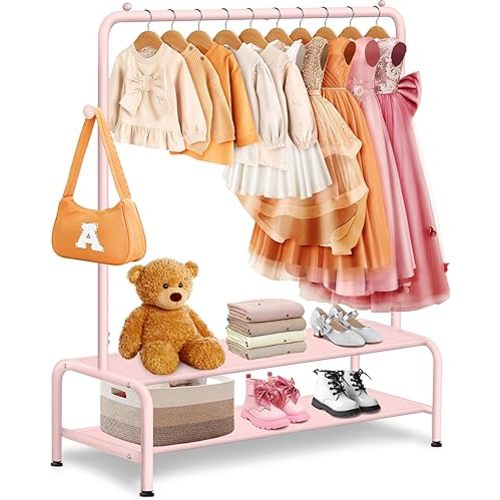 Kids Clothing Rack - Dress Up Storage - Dress Up Rack for Little Girls - Small Kids Costume Wardrobe with 2 Fabric Shelves - Princess Room Bedroom Decor
