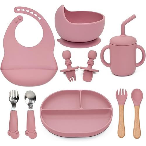 Silicone Baby Feeding Set, 10PCS Baby Led Weaning Supplies with Suction Bowl and Divided Plate, Bib Baby Cup Spoons Forks -Baby Feeding Essentials for 6+ Months