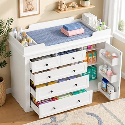 Loomie Baby Nursery Dresser, White Bedroom Dresser with Large Change Table, Kids Dresser with 5 Drawers and Adjustable Shelf, Baby Changing Table for Nursery, Children's Room, Bedroom (White)
