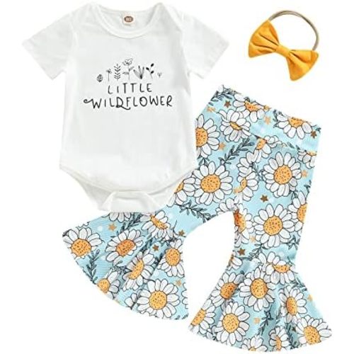 Engofs Newborn Baby Girl Clothes Short Sleeve Romper Flare Pants Headband Set 3Pcs Infant Summer Outfit 0 3 6 12 18 Months