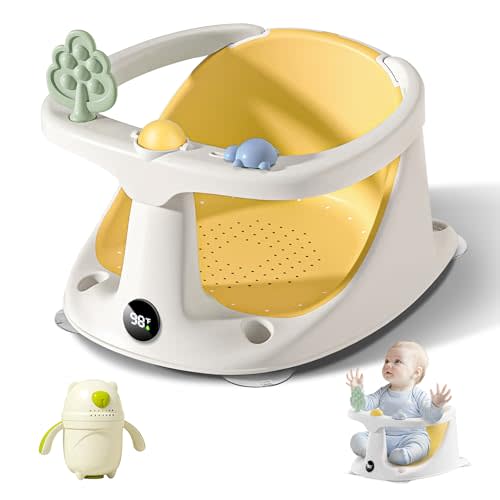 Coldew Non-Slip Baby Bath Seat for Newborns & Toddlers, Portable Infant Bath Chair with Suction Cups, Safe Bath Tub Seat for Babies 6 Months & Up, Soft Cushion Support, Yellow