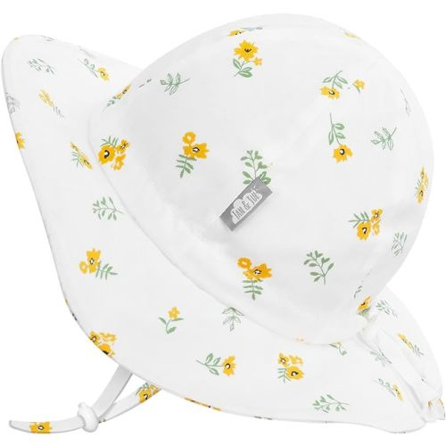 JAN & JUL Adjustable Cotton Floppy Sun Hat with 50+ UPF Protection for Girls - Yellow Flower - 0-6 Months