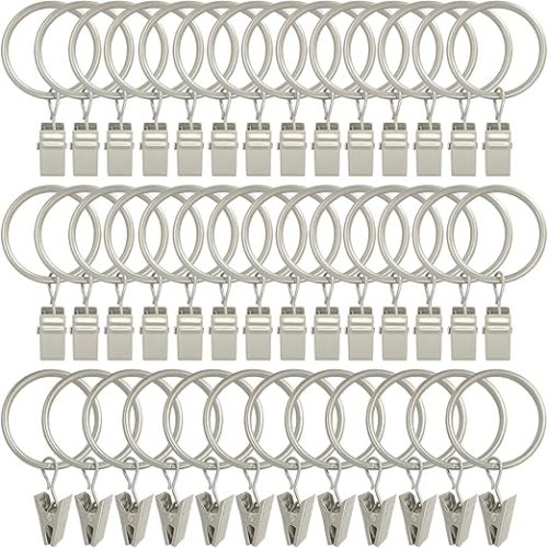 40 Pack Curtain Rings with Clips, Curtain Clip Rings Hooks, Bow Hanger Clips for Hanging Drapery Drapes Bows, Ring 1.26 inch Interior Diameter, Fits up to 1" Rod, Matte Silver