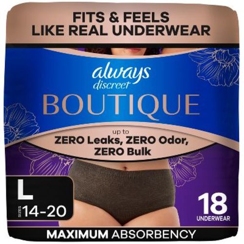 Always Discreet Boutique Adult Postpartum Incontinence Underwear for Women - Black - Large - 18ct