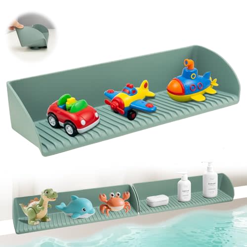 BUQ Splash Guard for Bathtub - Silicone Bathtub Splash Guard for Tub Kids with 4 Suction Cups, Bathtub Tray & Toys Holder, Tub Water Splash Guard Tray for Toddlers, Aqua (1 Pack)