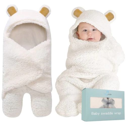 BlueMello Baby Bear Swaddle Blanket | Ultra-Soft Plush Essential for Infant 0-6 Months | Receiving Swaddling Wrap White | Ideal Newborn Registry and Toddler Boy Accessories | Perfect