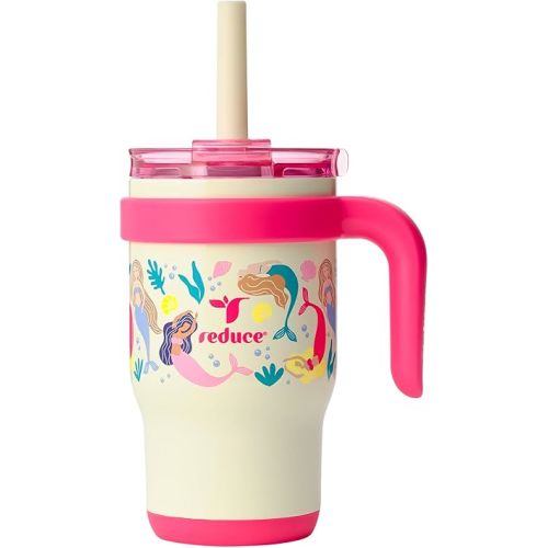 REDUCE 14 Oz Coldee Kids Tumbler with Lid and Straw - Coldee Insulated Travel Mug - Spill-Proof, Sweatproof Stainless Steel, BPA-Free - Includes Handle, Reusable Silicone Straw - Pink Mermaid
