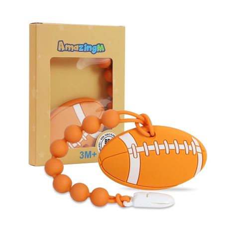Baby Food Grade Silicone Sport Ball Teether Toy with One Piece Design Pacifier Clip Holder,Teething Pain Relief Toys Gift Set for 3 Months+ Boys and Girls,Freezer Safe,BPA Free. (American Football)