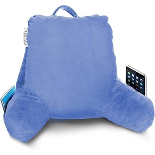 Nestl Reading Pillow Standard Bed Pillow, Back Pillow for Sitting in Bed Shredded Memory Foam Chair Pillow, Reading & Bed Rest Pillows Calm Blue Back Pillow for Bed, Bed Chair Arm Pillow with Pockets
