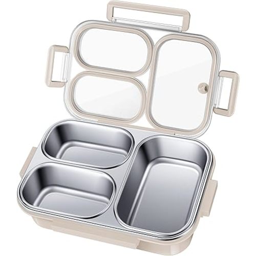 Stainless Steel Lunch Box for Kids & Adults - 25 oz - Leakproof 3 Compartment Metal Lunch Container - 18/8 Stainless Steel Bento Box - Ideal for School, Office & Outdoor - Dishwasher Safe (Cream)