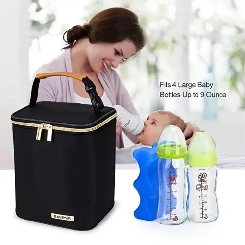 BABEYER Breastmilk Cooler Bag with Ice Pack Fits 4 Baby Bottles Up to 9  Ounce, Baby Bottle Cooler Bag Suitable for Nursing Mom Daycare, Black