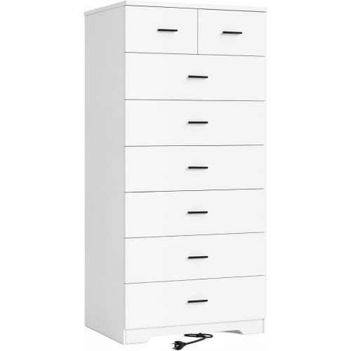 GEPELCN 55.2" Tall Dresser with Charging Station Wooden 8 Drawer Dressers for Bedroom Chest of Drawers with Sliding Rails for Home Office Entryway White