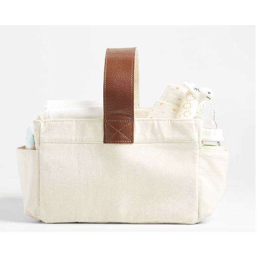 Canvas Diaper Caddy Organizer with Brown Leather Handle