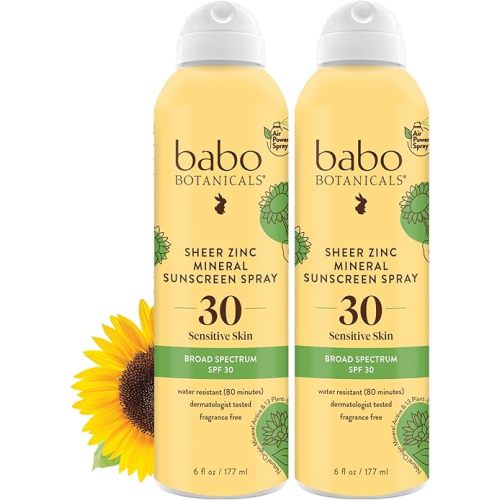 Babo Botanicals Sheer Zinc Continuous Sunscreen Spray SPF30 - Natural Zinc Oxide - Extra Sensitive Skin - Water Resistant - Vegan - Fragrance-Free - Air-Powered Spray - For all ages