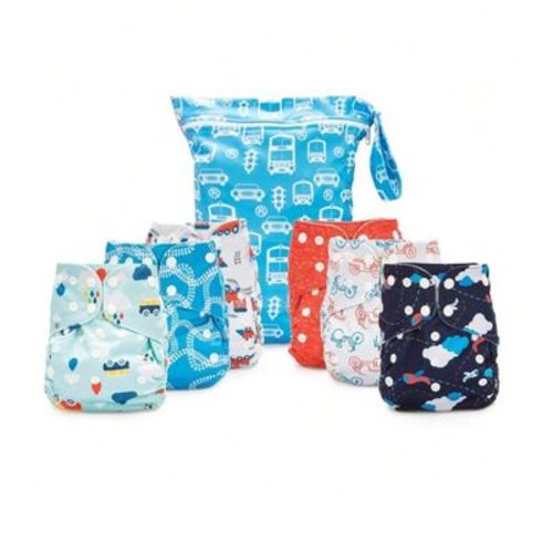 6ct Reusable Cloth Diapers, One Size Adjustable, Washable Soft Absorbent, Waterproof Cover, 4-layers Microfiber Inserts (planes/trains) - Simple Being
