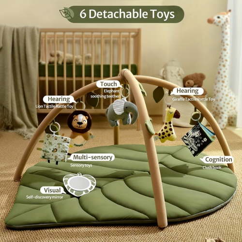 Baby Play Gym & Activity Mat, Oversize Leaf Shaped Baby Play Mat W 6 Detachable Toys, Tummy Time Mat Promote Motor Skills & Sensory Development Mat, Newborn Infant Baby Essentials Gift