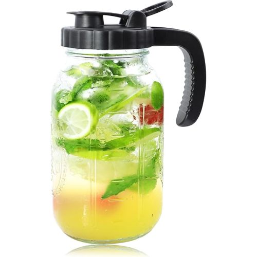Mason Jars Pitcher 1 Quart Glass Breastmilk Pitcher With Pour Lid For Fridge 32 Oz Wide Mouth Water Jugs With Top Flip Cap & Pour Spout For Cold Brew Coffee,Sun Tea,Juice Airtight Storage & Leakproof