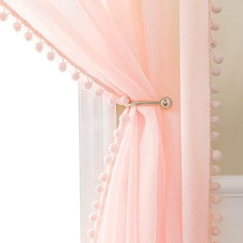 MIULEE Pom-Pom Sheer Curtains for Bedroom 84 inches Linen Textured Look Pink Sheer Window Drapes for Girls Bedroom Living Room Voile Panels for Light Filtering Rod Pocket Blush Pink 2 Panels