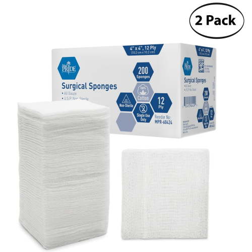 (2 pack) MED PRIDE 4x4 Gauze Pads 12-Ply 200 Count Non-Sterile Surgical Sponges Extra Absorbent Cotton Wound Dressing Medical Supplies for Cleaning and Care