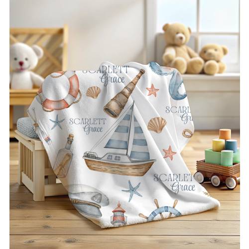 Personalized Nautical Baby Blanket For Newborn Girl Custom Gift For Boy Baby Shower Gift For New Mom Gift For Nursery Decor Gift Idea