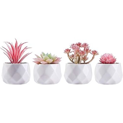 CADNLY Fake Succulent Plant Set - Artificial Desk Plants for Women Desk - Realistic Faux Succulents in Ceramic Pots - Mini Pink Decor for Bedroom Bathroom Office Shelf Decor