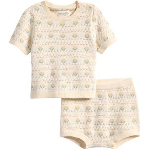 Floral Organic Cotton Pointelle Sweater & Shorts Set, 9M