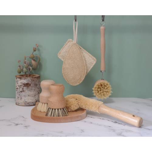 Kitchen Brush Set - Beechwood Brush Set with Natural Bristles - Bamboo Bottle Scrubber - Palm Pot Scrub - Sisal Dish Brush - Luffa Sponge
