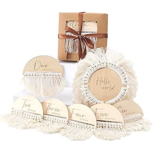 Boho Baby Monthly Milestone Cards | 7 Pcs Wooden Double Sided Discs from Newborn to 1 Year | Baby Gift Sets incl. Hello World Baby Birth Announcement Sign for Baby Shower & Photo Props
