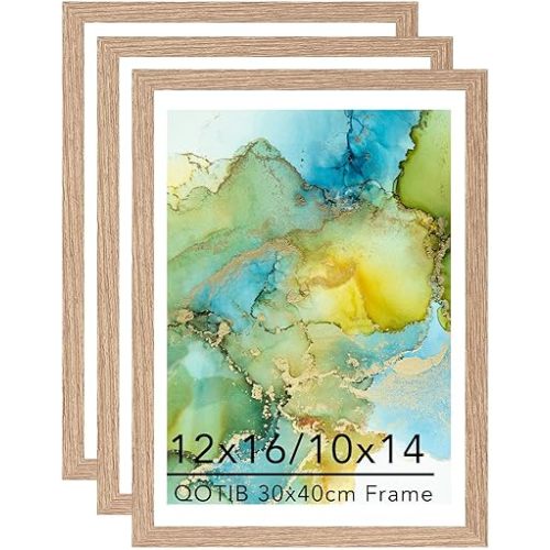 12x16 Frame Set of 3 With 10x14 Mat for 30x40cm Diamond Art Painting, Display Picture 10x14 With Mat or 12x16 Without, Wood Picture Frame for Wall Hanging, Natural Beige, 3 Packs