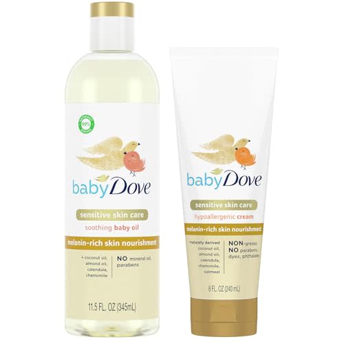 Dove Baby Oil & Baby Lotion, Melanin-Rich Skin Nourishment – Sensitive Skin Care Soothing Baby Oil & Hypoallergenic Cream with Coconut & Sweet Almond Oil, Calendula & Chamomile (2 Piece Set)