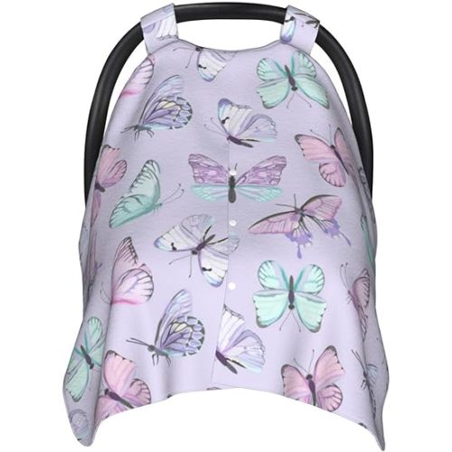 Purple Butterflies Car Seat Covers Canopy for Babies, Soft Stroller Cover Nursing Cover Breastfeeding Baby Carrier Cover for Shower Gift Newborn Toddler