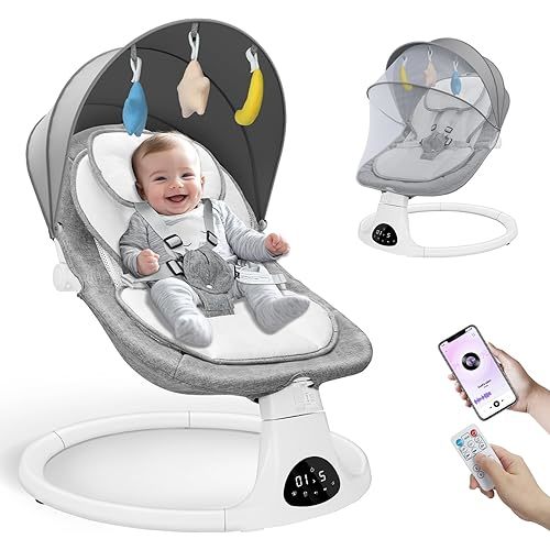 Baby Swing for Infants to Toddler - Electric Baby Swings Hold Up to 30 LB with 5 Point Safety Belt Remote Control - Portable Swings with Bluetooth & 3 Timing Set 3 Adjustable Gear 5 Speed Mode,Gray