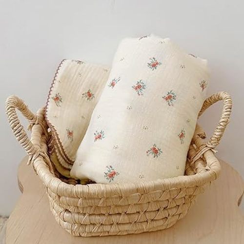 BuLuTu Toddler Blanket Muslin Cotton Baby Blanket Soft Nursery Bed Blankets Shabby Chic Crib Blanket Baby Boys Girls Swaddle Blankets,4-Layer Large Cotton Quilt Blankets,Berry Pattern,47"x51"