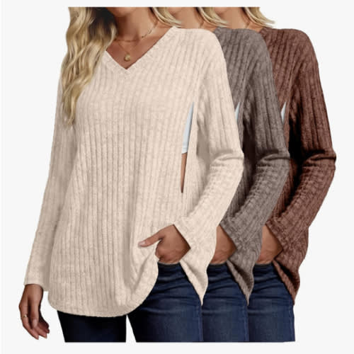 3 Pack Oversized Women's Maternity Nursing Tops Vneck Breastfeeding Sweaters Long Sleeve Hidden Zipper Shirt