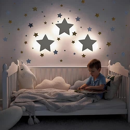 Star Light for Nursery (Pack of 1) with Moon and Stars Wall Decals for Nursery Decor – Rechargeable & 3 Level Dimmer Star Wall Light for Boy & Girl Room Decor