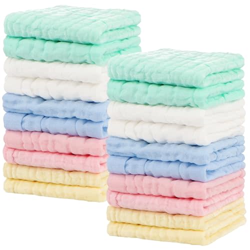 AIDEA Baby Washcloths and Baby Burp Cloths, Absorbent Cotton Muslin Baby Towels, Large Soft Breathable Newborn Essentials for Boys and Girls, Newborn Essentials, Mutilcolor-20 Pack, 10"x10"
